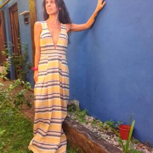 Vestido longo listrado de linho – Colcci Eco Soul – tam G