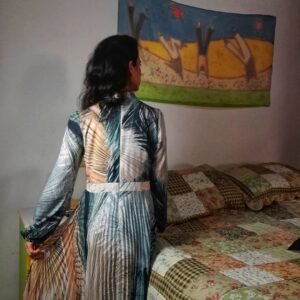 Vestido plissado e estampado – D’metal – tam M *NOVO *