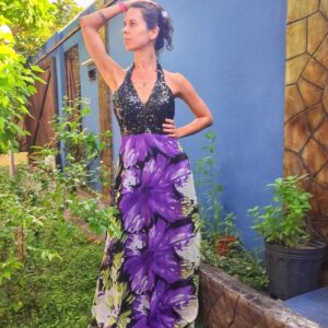 Vestido longo estampa e paetês com lenço – Oxalis – tam G