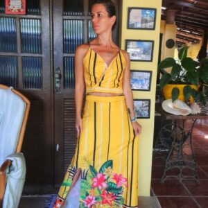 Conjunto saia longa e top estampa amarela – Msun – tam G