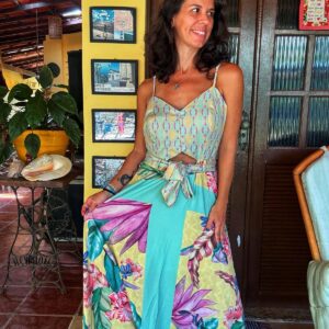 Vestido longo azul estampado com cinto – Maxima – tam M