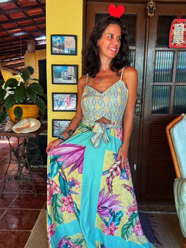 Vestido longo azul estampado com cinto - Maxima - tam M