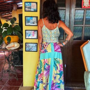 Vestido longo azul estampado com cinto – Maxima – tam M