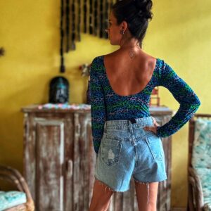 Body manga comprida azul e verde animal print – Cocci Modas – tam M