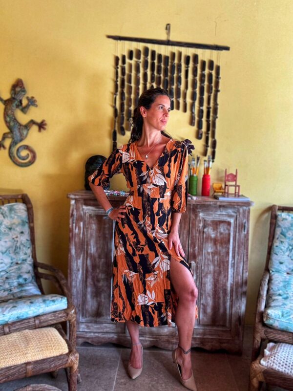 Vestido midi estampado mostarda e preto - Villanik - tam P - Image 4