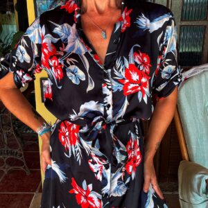 Vestido chemise preto estampado com cinto e botão – Emoda – tam G