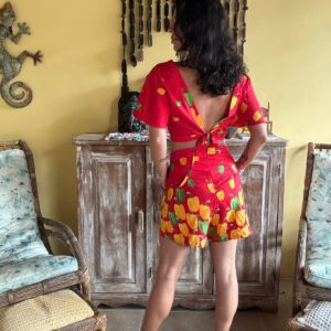 Conjunta vermelho estampado cropped e short – Vikili modas – tam P