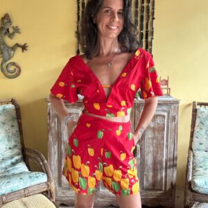 Conjunta vermelho estampado cropped e short – Vikili modas – tam P