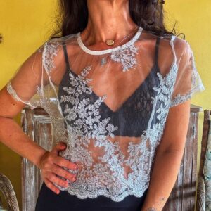Cropped branco transparente bordado prateado – Jch – tam M