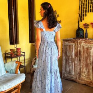 Vestido longo listrado com coqueiros – Elementais – tam P