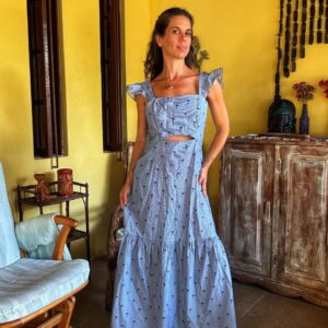 Vestido longo listrado com coqueiros – Elementais – tam P