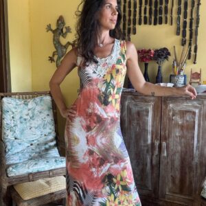 Vestido longo estampado com renda – tam P