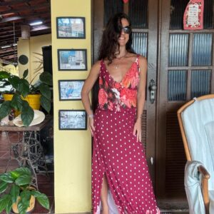 Vestido longo vermelho Floral Poá – tam G