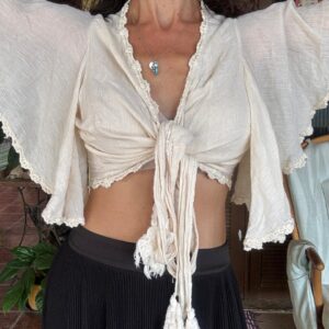 Cropped/bolero de amarração nude com crochê – Farm – tam M