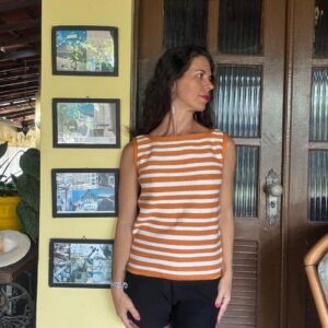 Blusa em tricô listrado laranja e branco – tam U