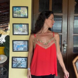 Regata Slip Vermelha com Renda Dourada – tam M