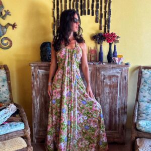 Vestido longo frente única com estampa floral rosa e verde – tam 38