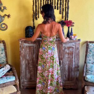 Vestido longo frente única com estampa floral rosa e verde – tam 38