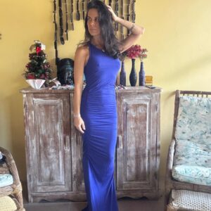 Vestido Longo Azul Royal Justo Com Drapeados Laterais – Triya – tam M