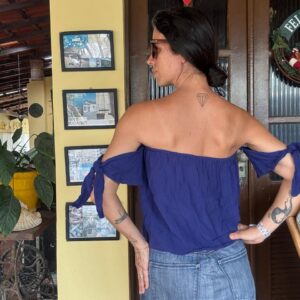 Blusa azul ombro a ombro com amarração lateral – Dress – tam M
