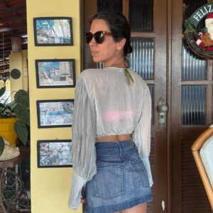 Cropped Plissado Esverdeado com Mangas Bufantes – Isy – tam P