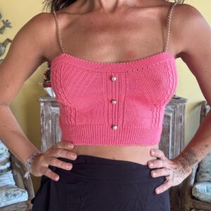 Top Cropped em Tricô Rosa com Alças Corrente – tam 38