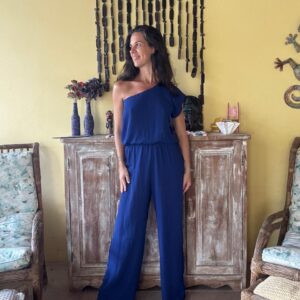Macacão Pantalona Azul Royal Ombro Único – Chifon – tam PP