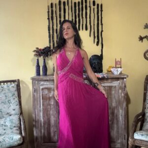 Vestido Longo rosa e bordado de miçangas – Official – tam M