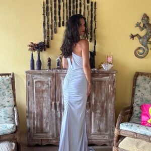 Vestido longo azul/lilás Drapeado – Splash – tam P