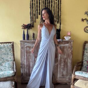 Vestido longo azul/lilás Drapeado – Splash – tam P