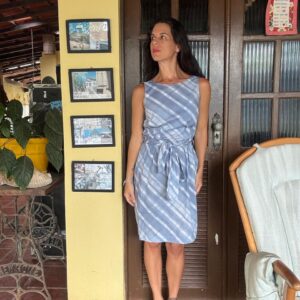 Vestido Evasê Listrado Azul Claro - Shoulder - tam 38