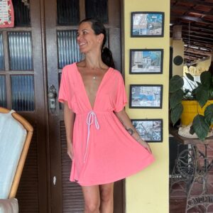 Vestido Curto Rosa Neon Decote Profundo - Maria Clara - tam P