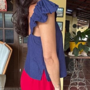 Blusa Azul Marinho de Linho com Babados – tam P