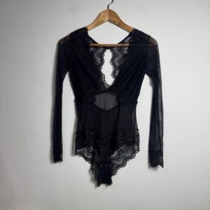 Body Manga Longa Renda Preto - tam M