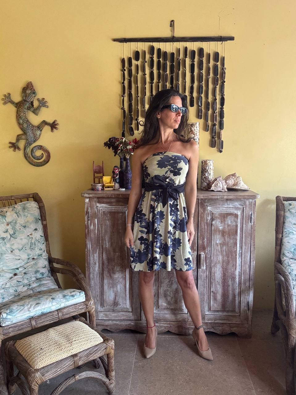 Vestido Tomara que Caia Floral Azul e Bege – tam M - Imagem 4
