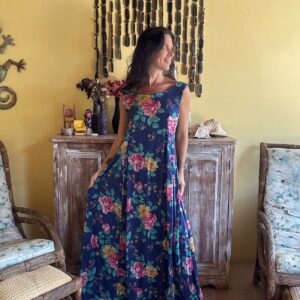 Vestido Longo Floral Fundo Azul - Kallayanne - tam M