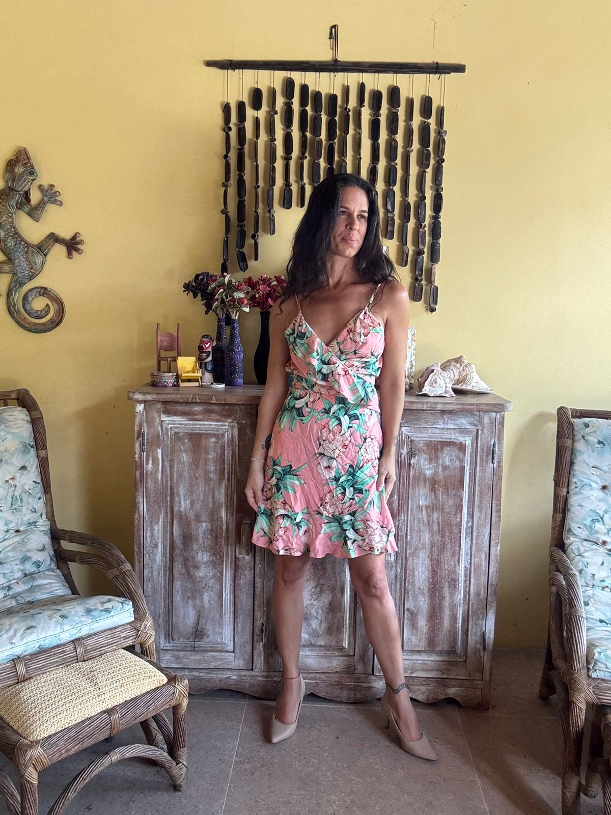 Vestido Transpassado Estampa Tropical Rosa - Kallayanne - tam G - Imagem 4