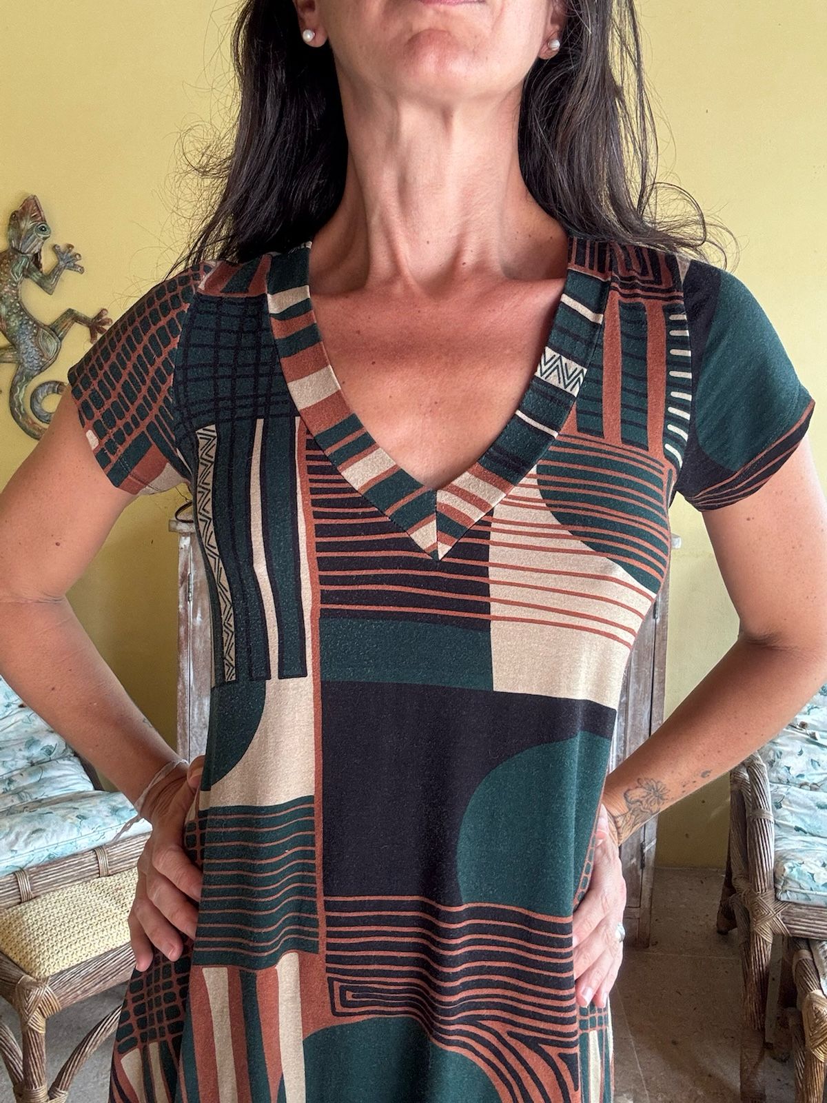 Vestido Midi Estampa Geométrica Tons Terrosos - Del Amo - tam M - Imagem 3