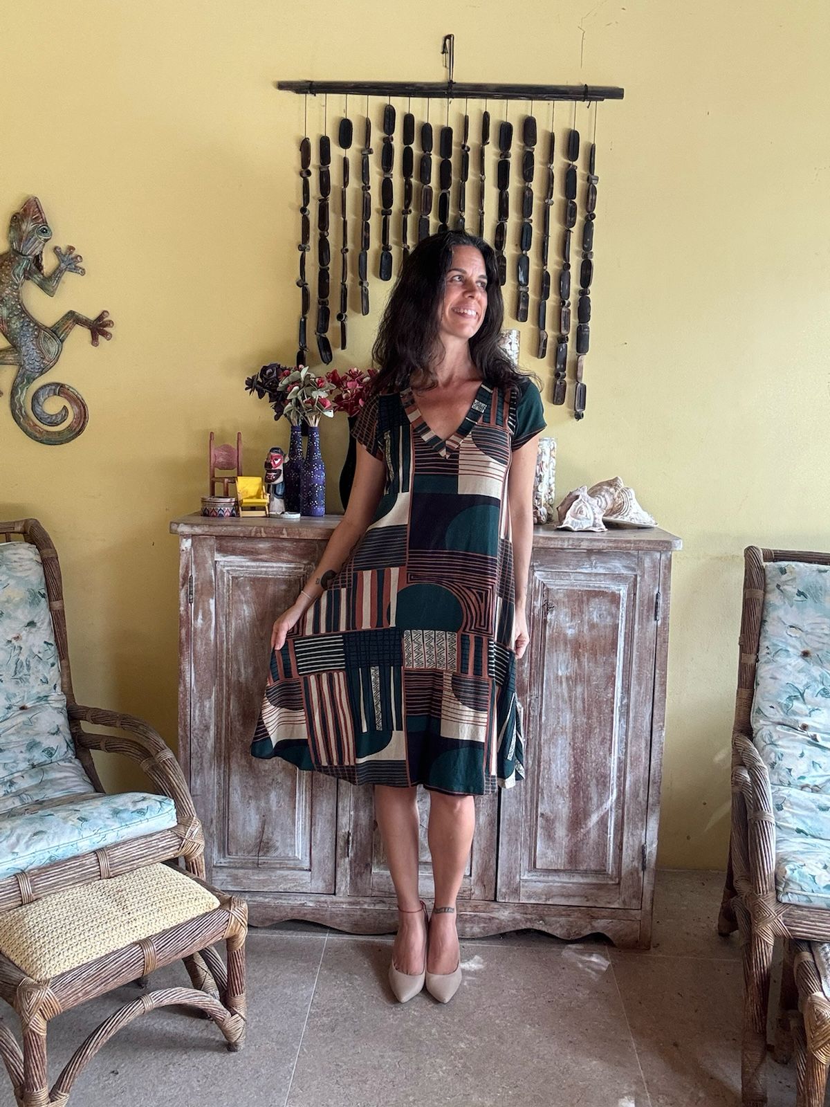Vestido Midi Estampa Geométrica Tons Terrosos - Del Amo - tam M