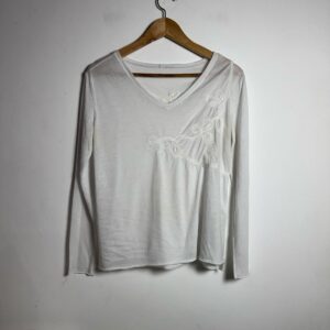 Camisa Feminina Branca Bordada Decote V Manga Longa – Tamanho G