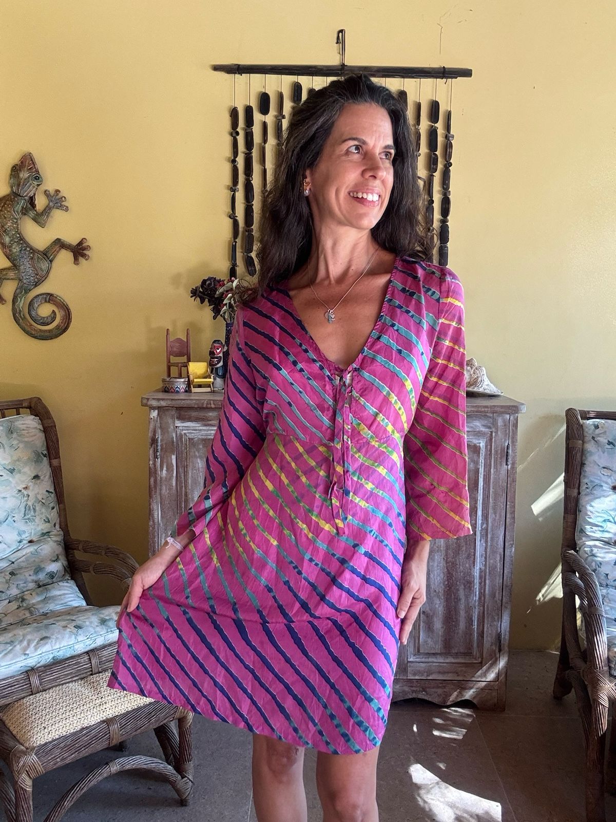 Vestido Estampado Listrado Rosa e Colorido seda – Le Lis Blanc – tam M