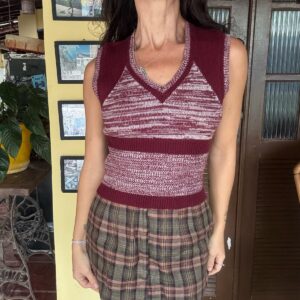 Colete Vintage de Tricô Listrado Vinho e Branco – Tam M