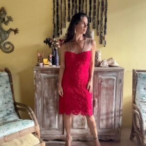 Vestido de Festa Vermelho com Renda e Alças de Strass – H.Laraphy – tam M