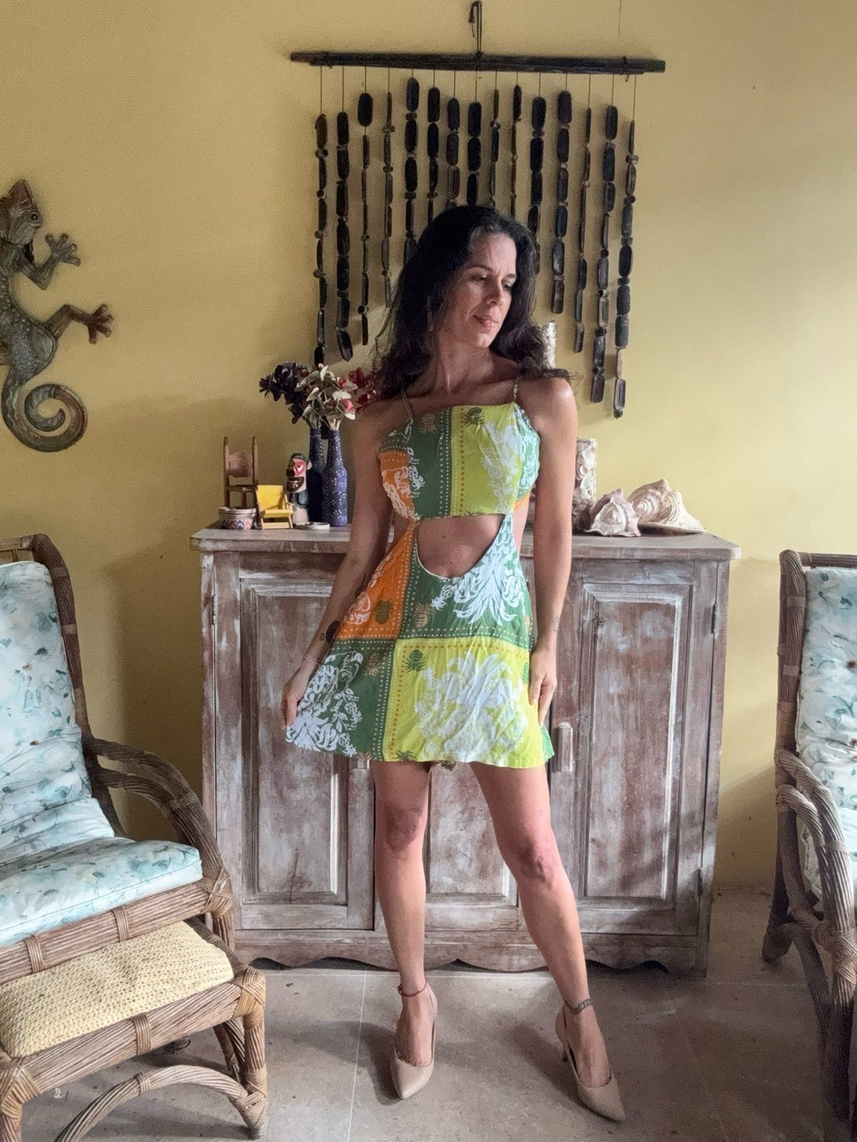 Macaquinho Estampa Verde e Amarela com Recortes Laterais – My Choice – tam U