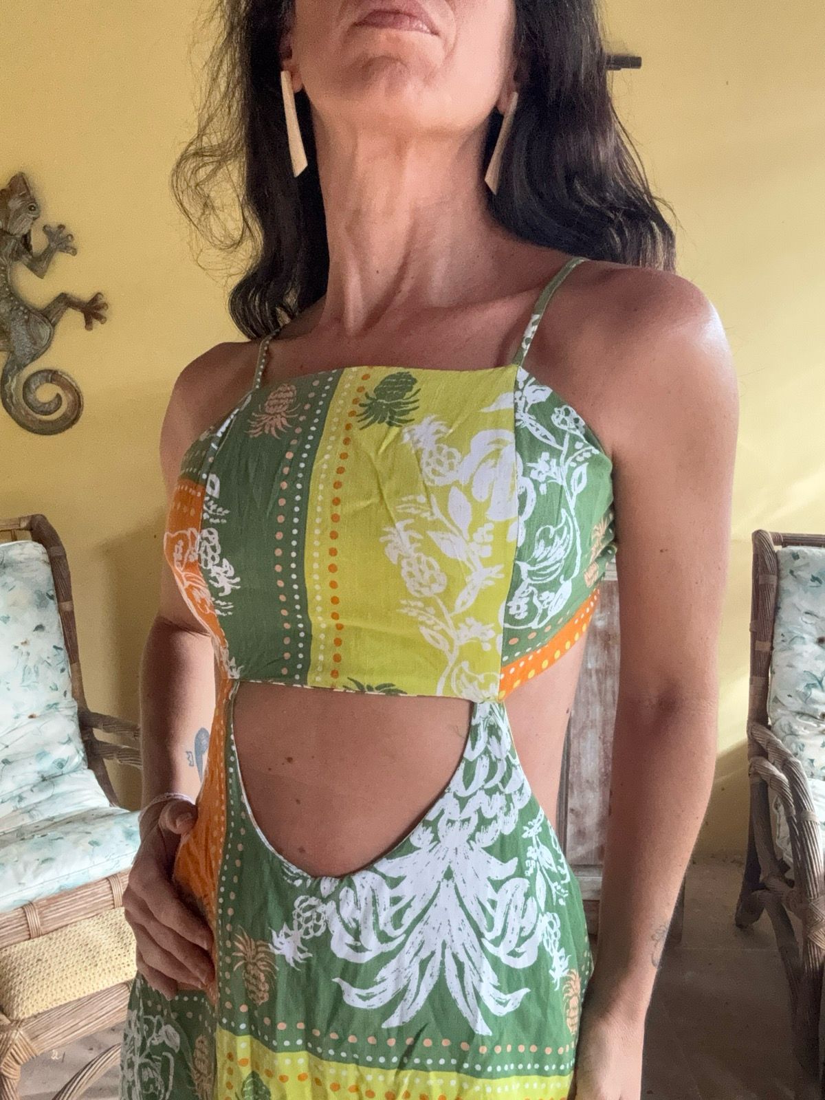 Macaquinho Estampa Verde e Amarela com Recortes Laterais – My Choice – tam U - Imagem 4