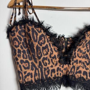 Top Cropped Animal Print com Renda e Zíper – Aquarela – tam G