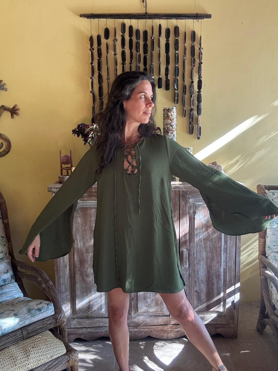 Vestido Verde Musgo com Amarração e Mangas Sino – tam G - Imagem 4