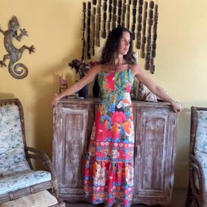 Vestido Longo Estampa Tropical Floral Vermelho e Azul – tam G