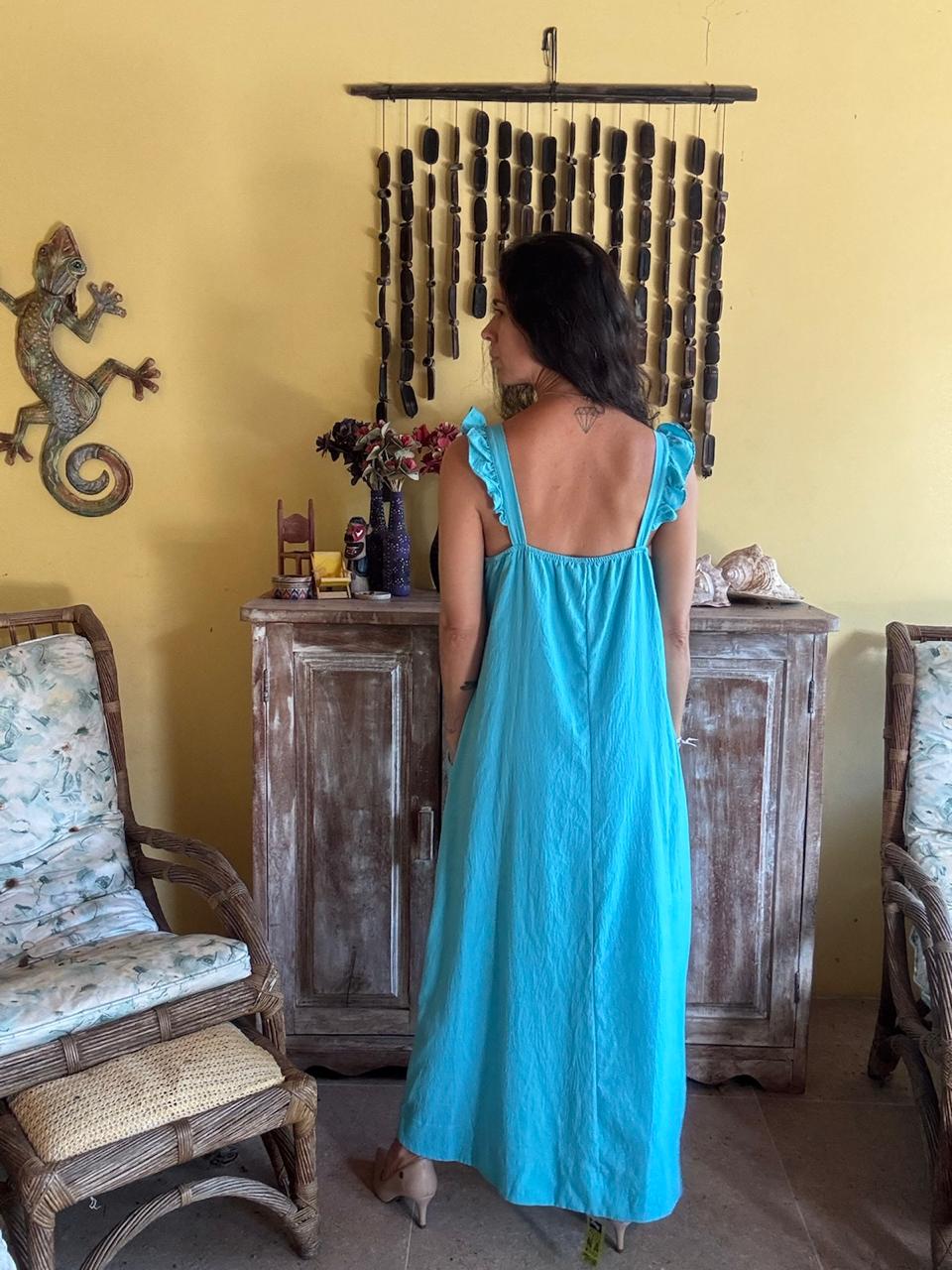 Vestido Longo Azul Turquesa com Alças Franzidas e Bolsos – tam G - Imagem 2