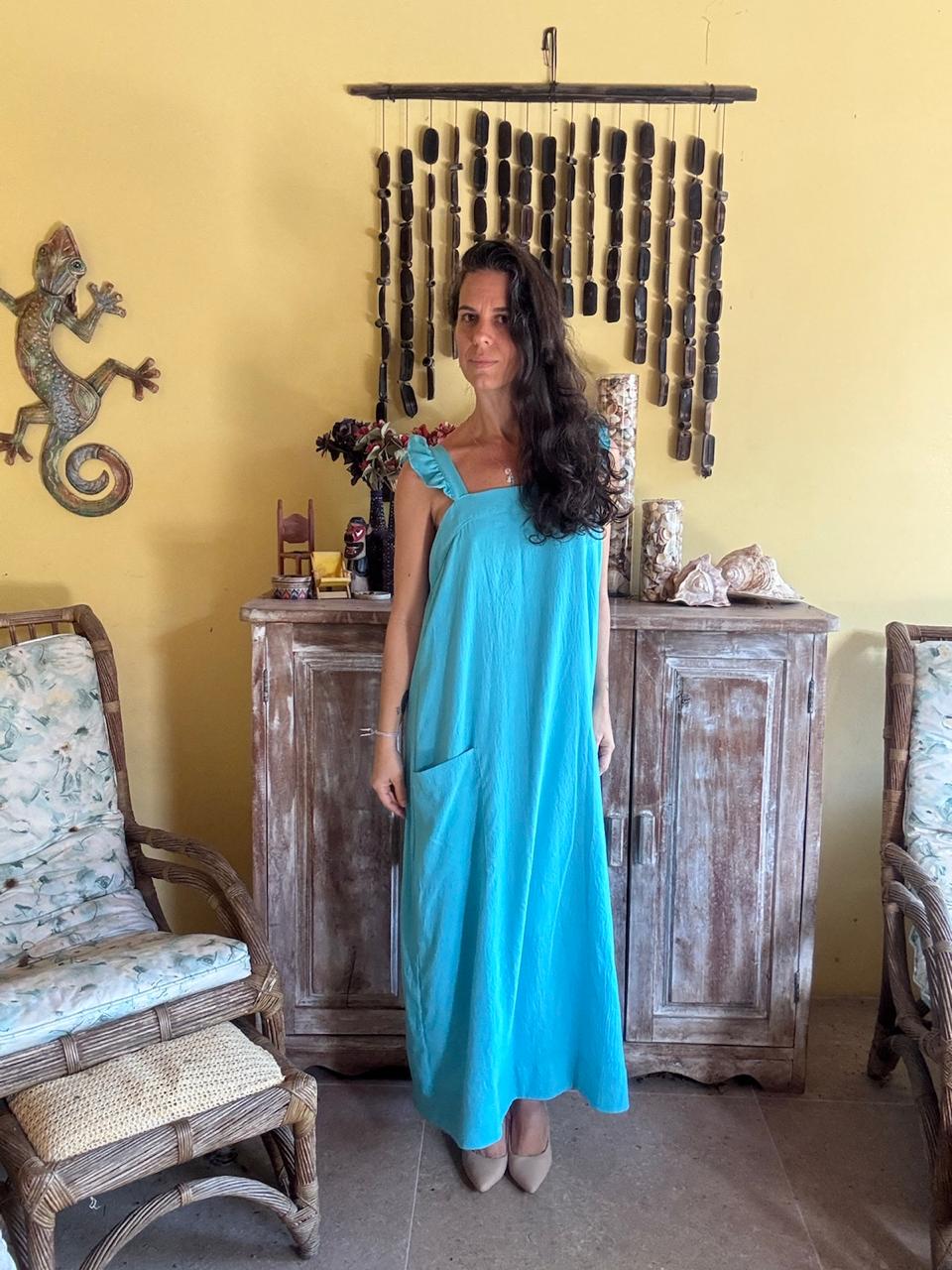 Vestido Longo Azul Turquesa com Alças Franzidas e Bolsos – tam G - Imagem 3